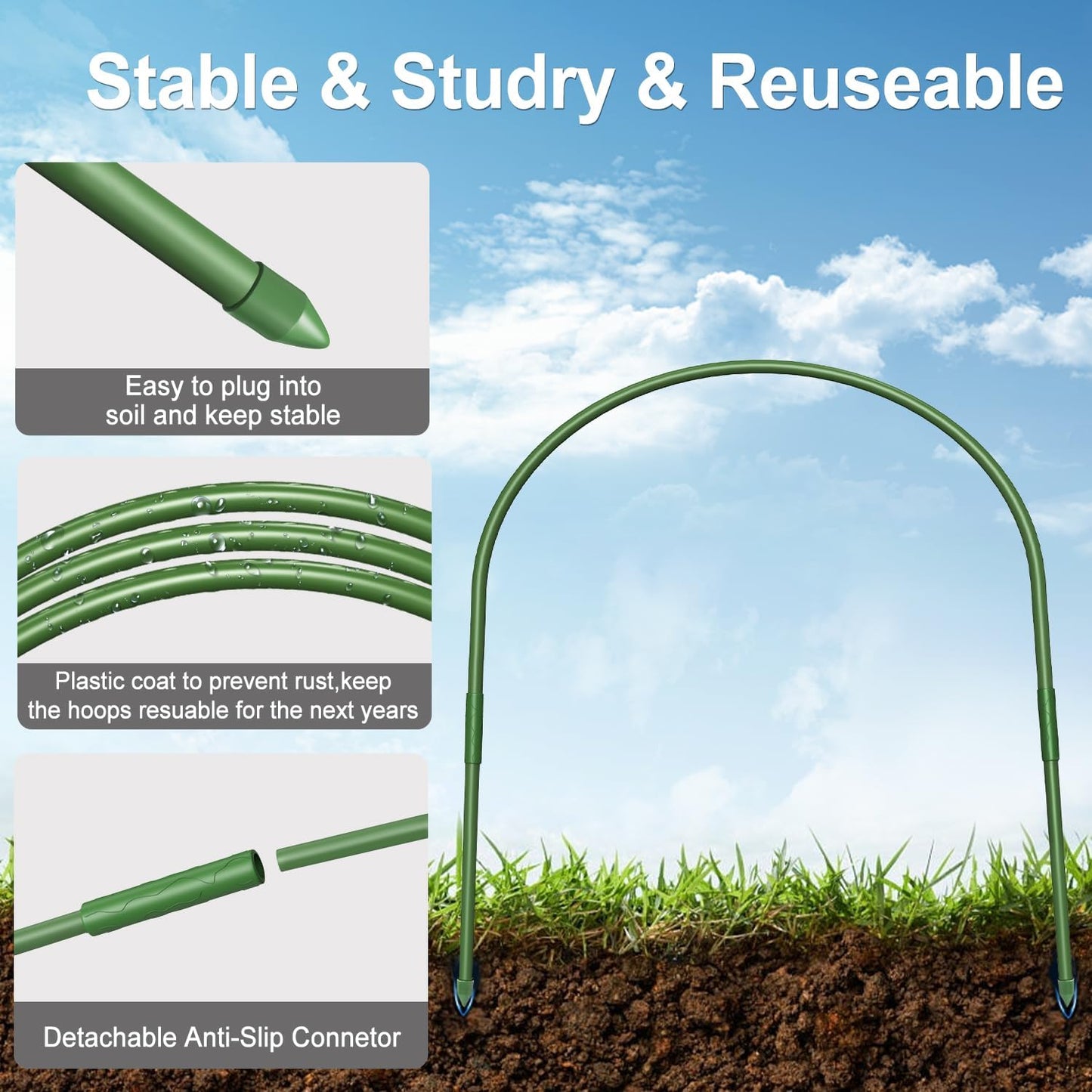 FOTMISHU 6Pcs Greenhouse Hoops, 23.6" x 25.6" Garden Hoops Rust-Free Grow Tunnel 4.9ft Long Steel with Plastic Coated Support Hoops Frame for Garden Fabric, Plant Support Garden Stakes