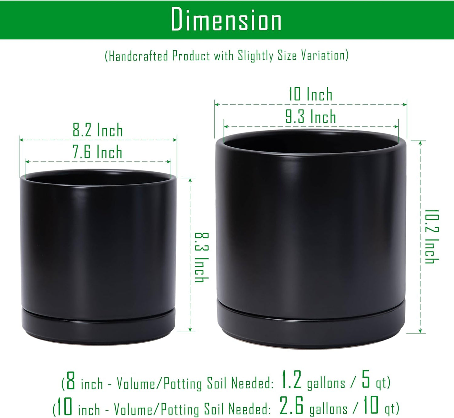 D'vine Dev 8.2 Inch & 10 Inch Ceramic Planter Pot for Plants with Drainage Hole and Saucer, Large Plant Pots Set, Black, 94-G-L-2