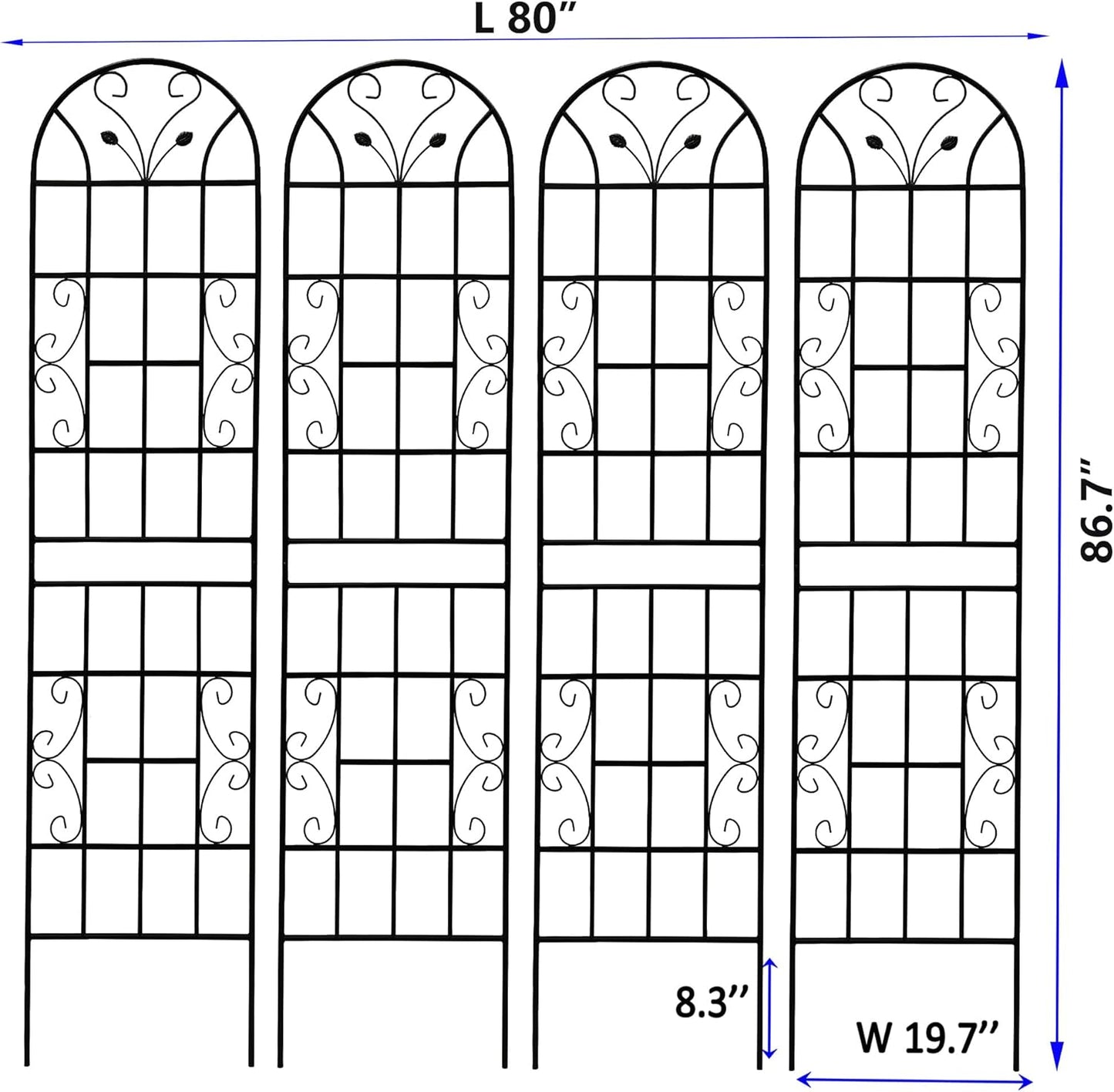 4 Pack Metal Garden Trellis 86.7" Tall Outdoor Climbing Plant Support for Roses, Flowers, Rustproof Durable Black Galvanized Tube, Lawn Garden Fence Decor Screen (4, Black curves-86.7" H)