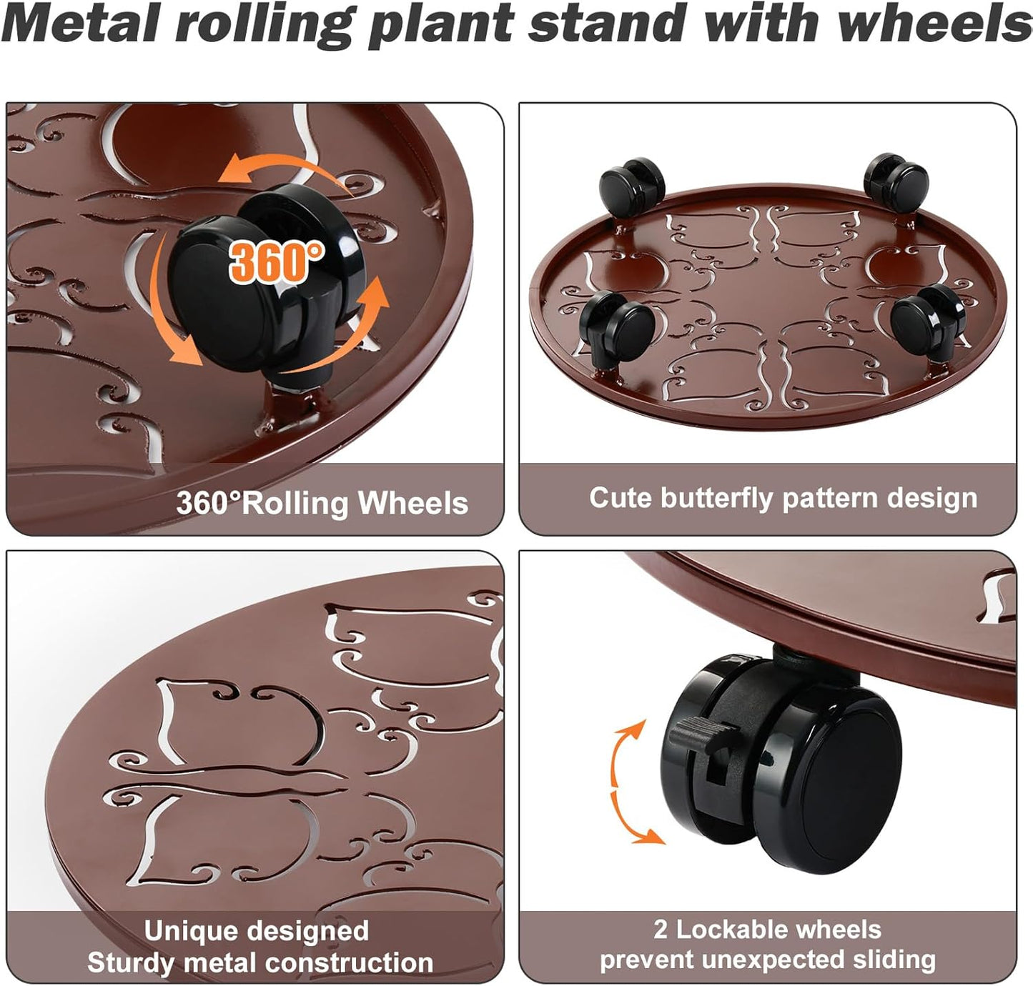 4 Packs 12 inches Large Metal Plant Caddy with Wheels Round Planter Dolly Pot Mover Rollers Wrought Iron Rolling Plant Stands Indoor Outdoor Wheeled Plant Holder Coaster Trolley, Butterfly, Brown