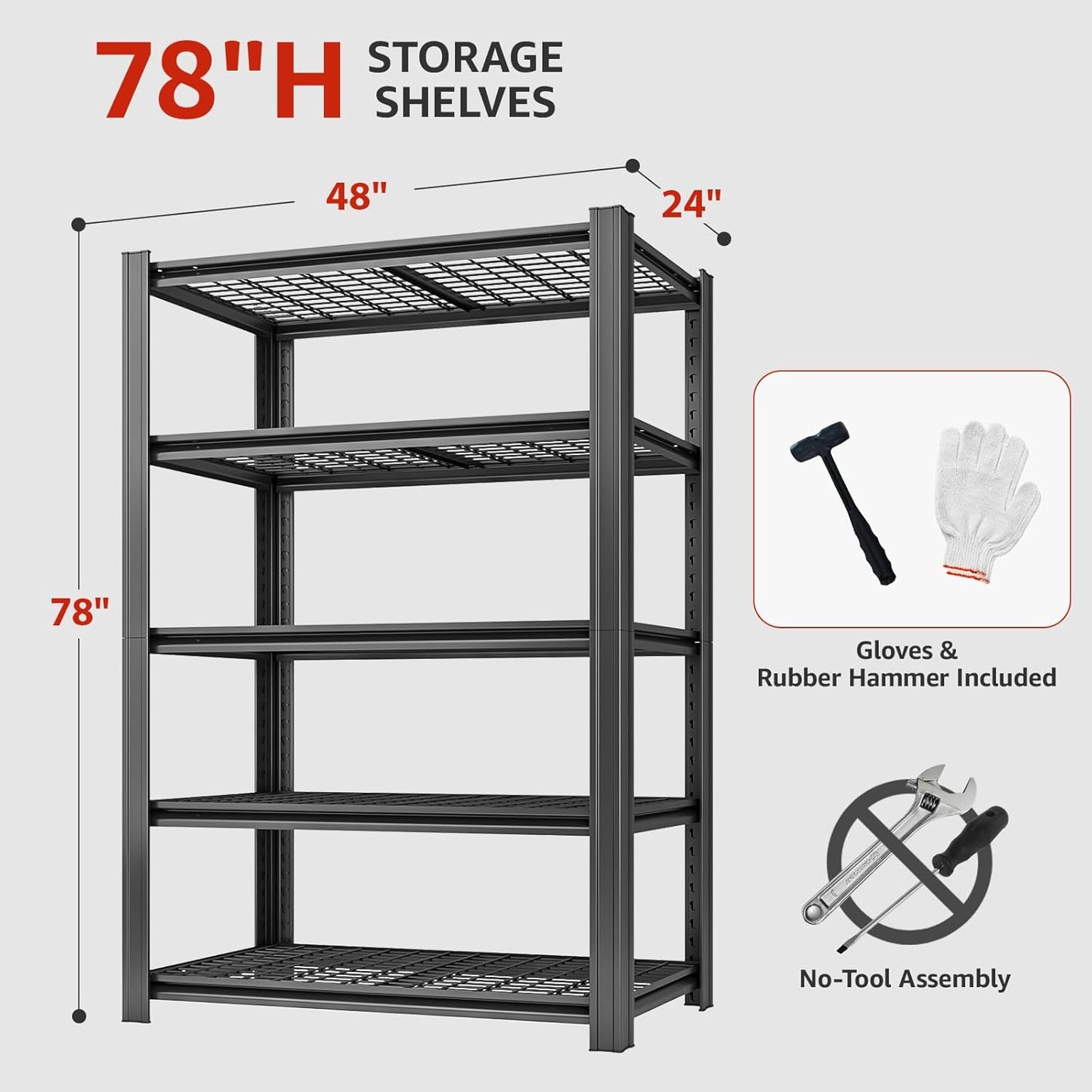 5 Tier Metal Shelving Unit, 78" H x 48" W x 24" D Adjustable Garage Shelves, Heavy Duty Storage Shelves for Warehouse, Basement, Kitchen, Pantry, Living Room, 2500LBS, Black