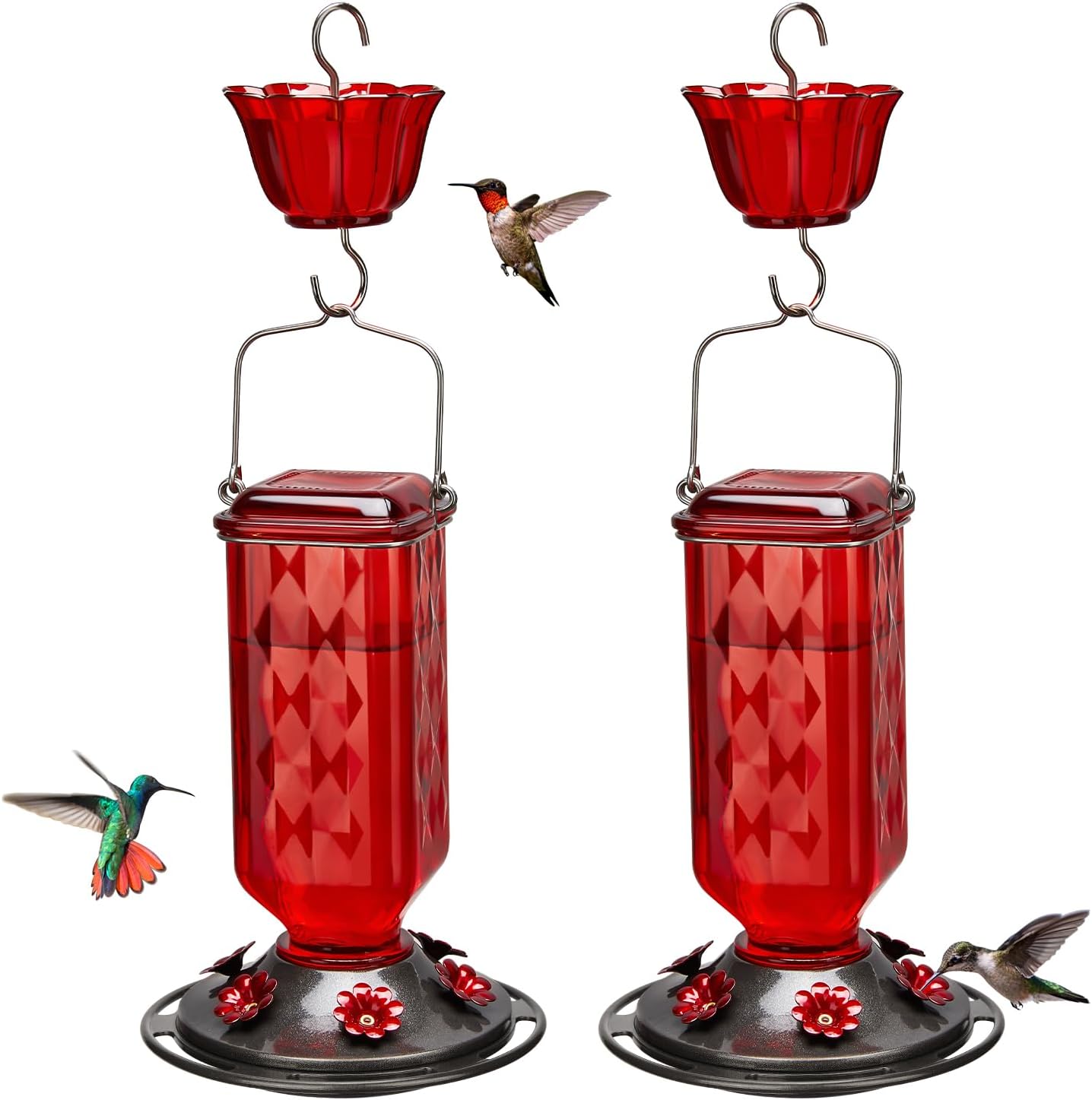 Kingsyard 2 Pack Glass Hummingbird Feeder for Outdoor Hanging, 24 Ounces, 6 Feeding Ports, Bird Nectar Feeder for Garden Décor, Ant Moat Included, Red