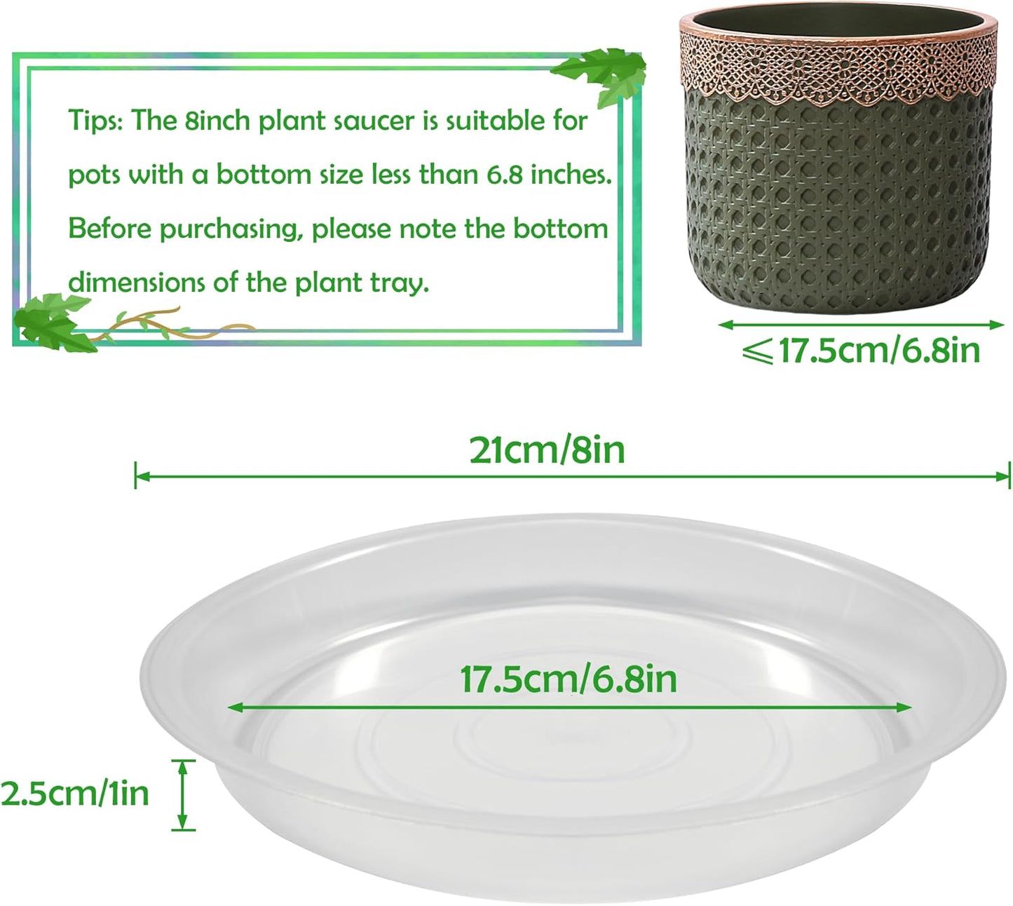 12 Pack 8 Inch Round Plant Saucers for Less 6.8 Inch Pot Indoors Outdoors Plant Trays for Pots Planter Saucer Plastic Plant Drip Tray Planter Water Tray for Potted Plants (Clear, 8"(12pcs))