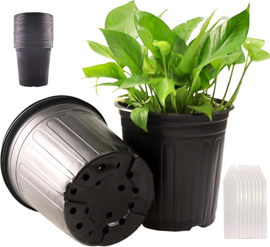 25 Pack 2 Gallon Flexible Plant Nursery Pots Plastic Seedling Starting Pots with Drainage Holes Soft Flower Pots Plant Container with Plant Labels, Black