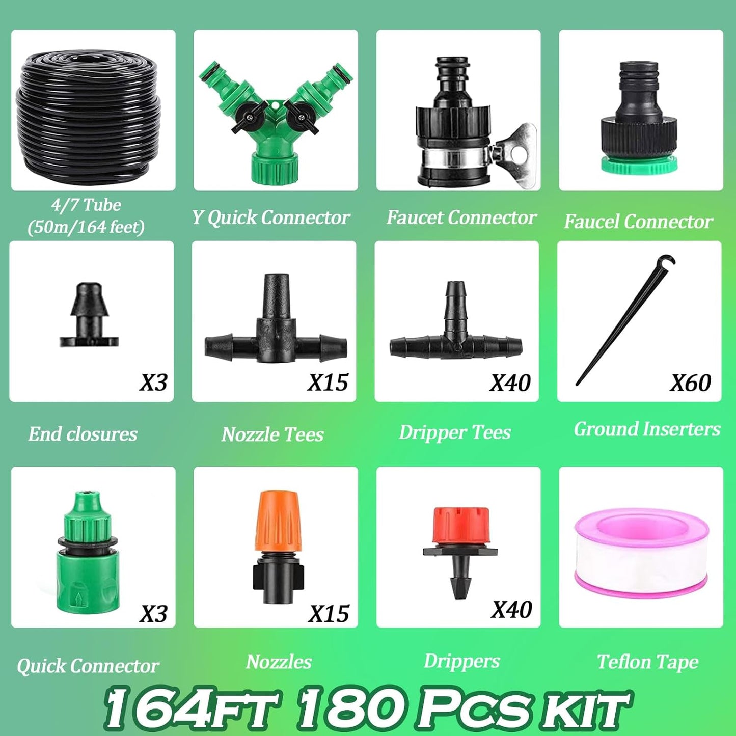 Drip Irrigation System - Irrigation System for Garden w/ 1/4" & 1/2" Fast-Lock Tubing - Adjustable Nozzles & Sprinklers Garden Watering System(164FT Kits)