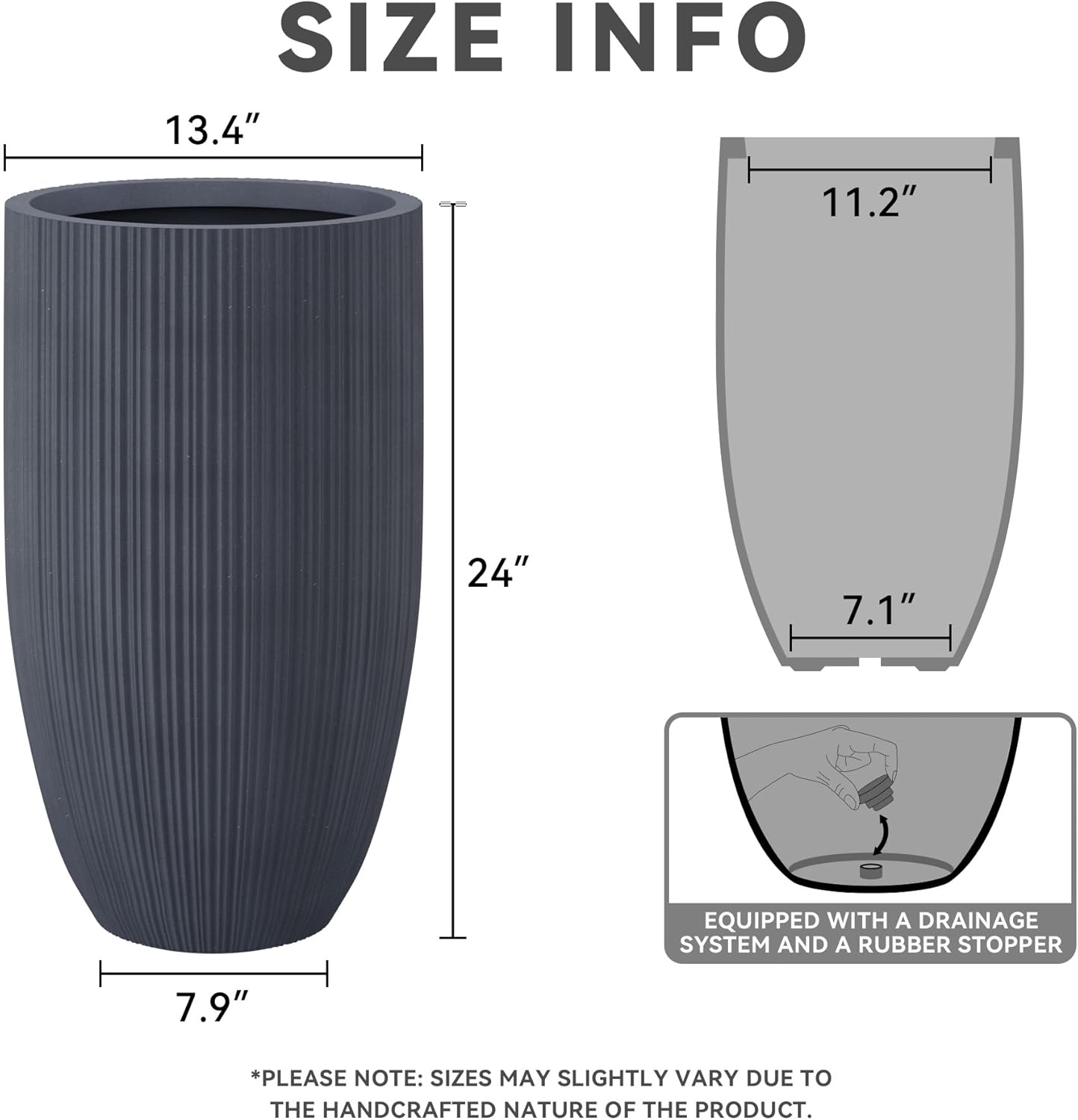 Kante 24 Inch Tall Round Concrete Planter, Large Indoor Outdoor Plant Pots with Drainage Hole and Rubber Plug, Modern Decorative Garden Pots for Home Patio Porch, Textured Charcoal