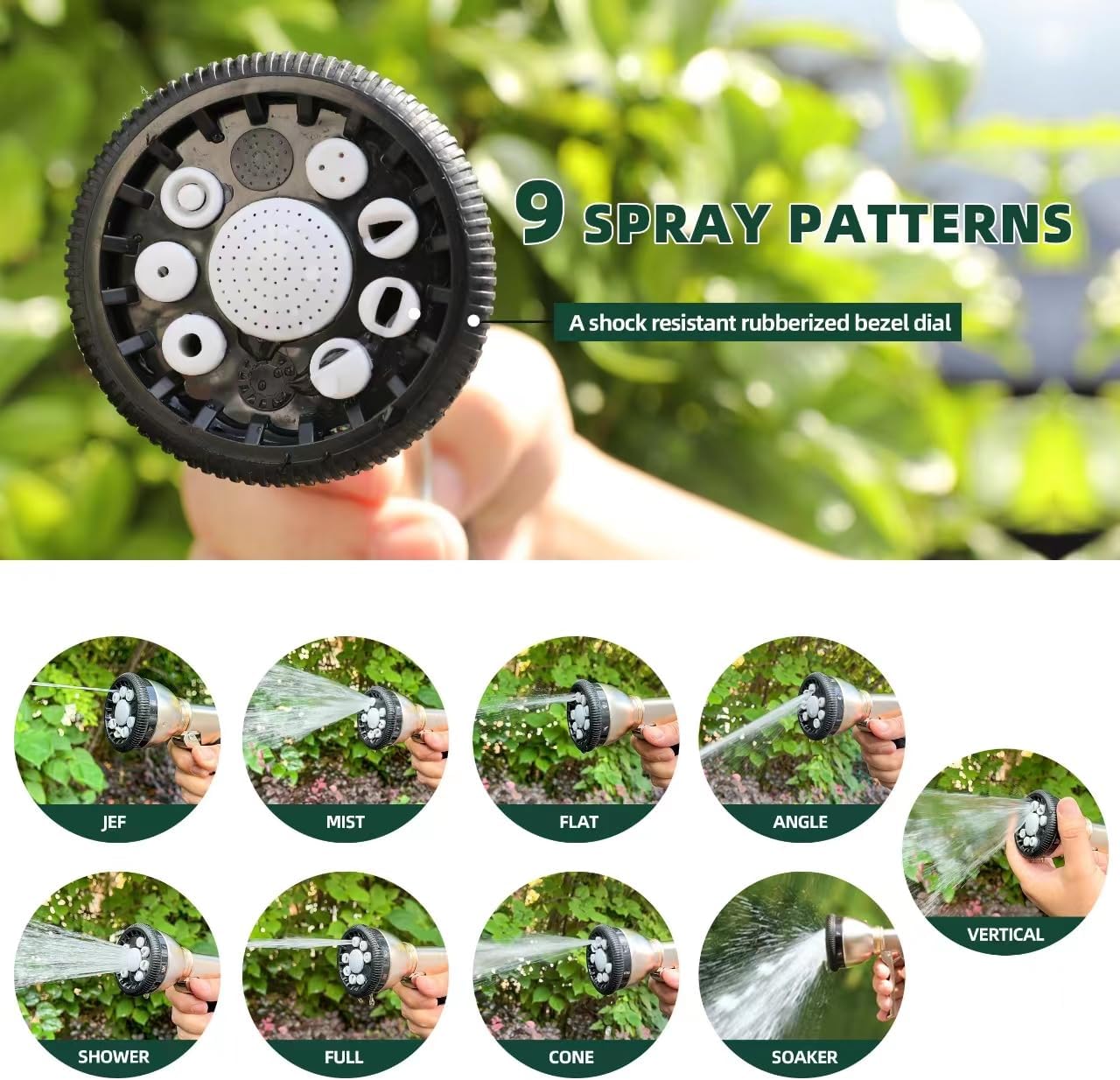 Garden Hose Nozzle, Heavy Duty Metal Water Hose Nozzle with 9 Spray Patterns, High Pressure Water Hose Nozzle Sprayer for Watering Garden, Washing Cars and Showering Pets