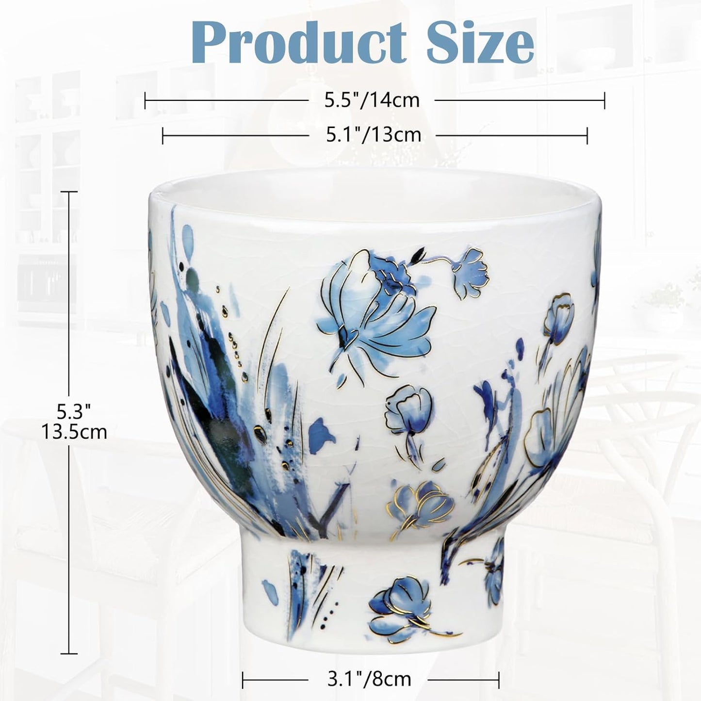 5.5 Inch Decorative Flower Pots, Blue and White Plant Pot Gold Accent Ceramic Planters for Indoor Plants Pots with Drainage Retro Planter Pot for Succulents Cactus Herb Snake Plants Outdoor Garden