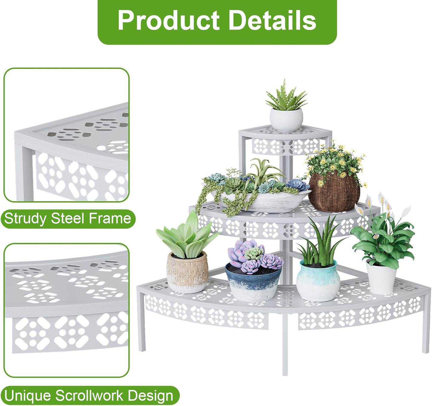 3 Tier Plant Stand Semi-Circular Flower Pot Organizer Rack Quarter Round Plant Display Holder Outdoor Storage Shelves Metal Corner Shelf Planter Shelving Ladder Plant Stand for Indoor Use(White)