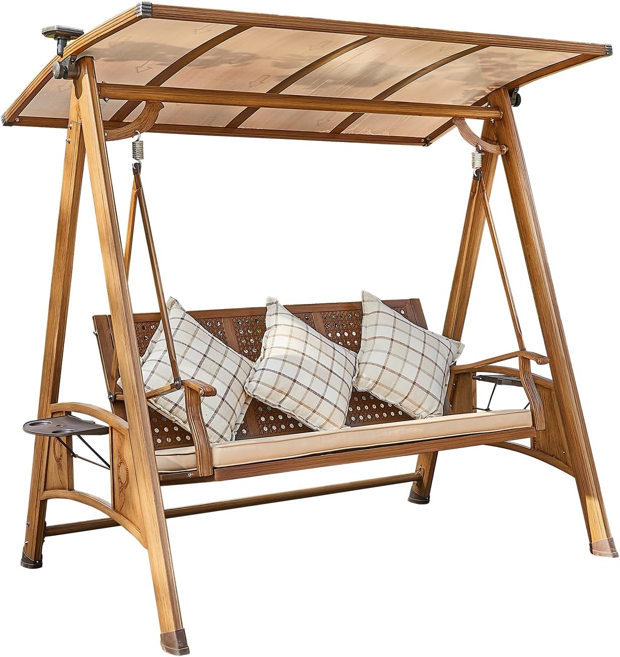 2/3-Seat Outdoor Patio Porch Swing with Adjustable Aluminum Alloy Canopy Solar Patio Swing Chair Bench with Footrest Side Cup Holder for Backyard Lawn (A-Aluminum Mesh Wood Grain-3 Seat)