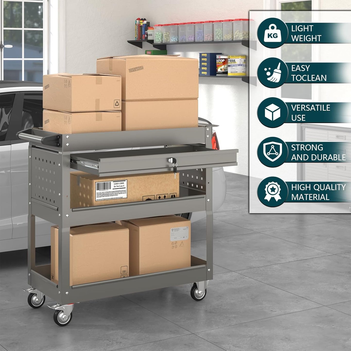 3 Tier Rolling Tool Cart on Wheels with Locking Drawer - Metal Service Cart Industrial Utility Cart for Mechanic - 350 LBS Mobile Storage Organizer for Garage, (Gray)