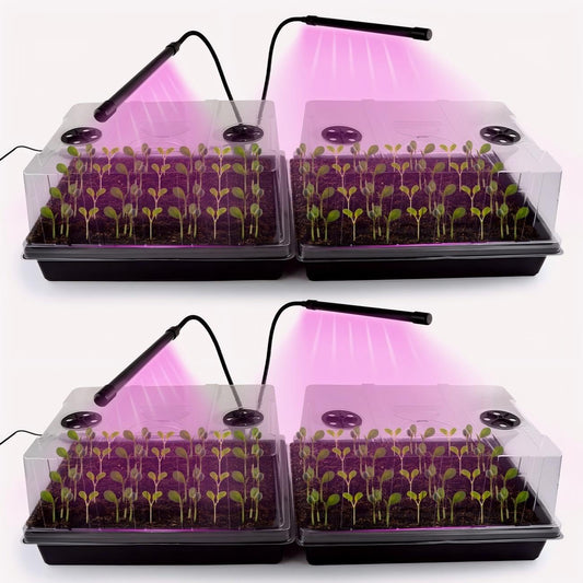 Seed Starter Tray with Grow Lights – 4 Pack Seedling Trays with 5" Humidity Domes & 4 LED Light Heads, Adjustable Timer, Full Spectrum for Indoor Germination, Herbs, Vegetables, Flowers