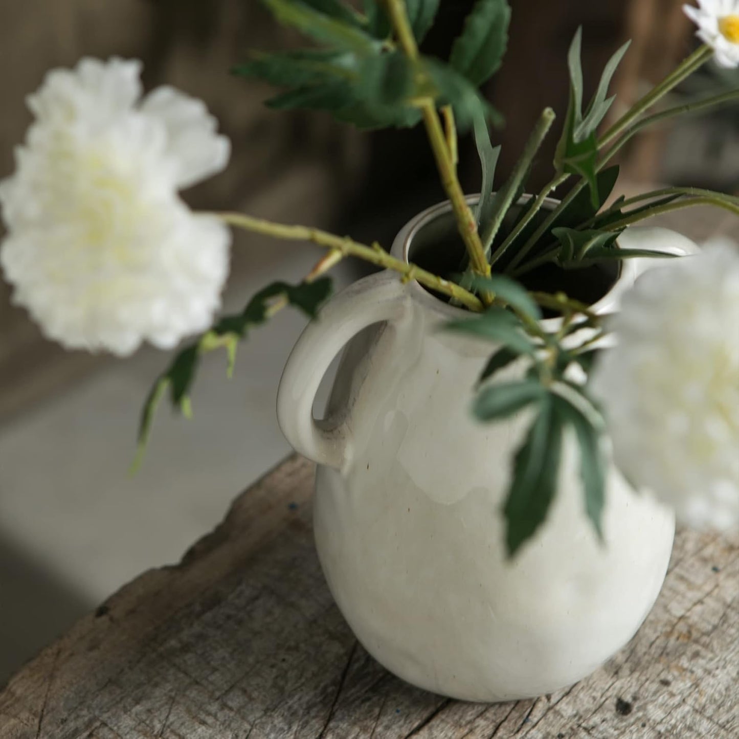 White Ceramic Vase with 2 Handles, Modern Farmhouse Decor, Rustic Terracotta Pottery, Decorative Flower Vases, Clay Small Vase, Centerpiece for Dining Table - 7 Inch Tall