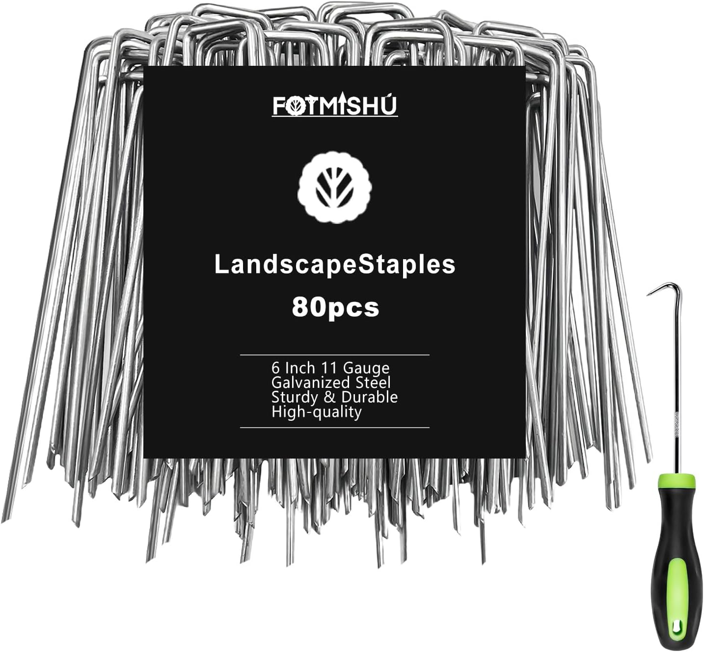 FOTMISHU Landscape Staples 6 Inch 80Pcs Garden Stakes, Galvanized Lawn Pins Spray Coating Yard Ground Spikes, U-Type Staples for Weed Barrier Anchoring Outdoor Tents Hoses