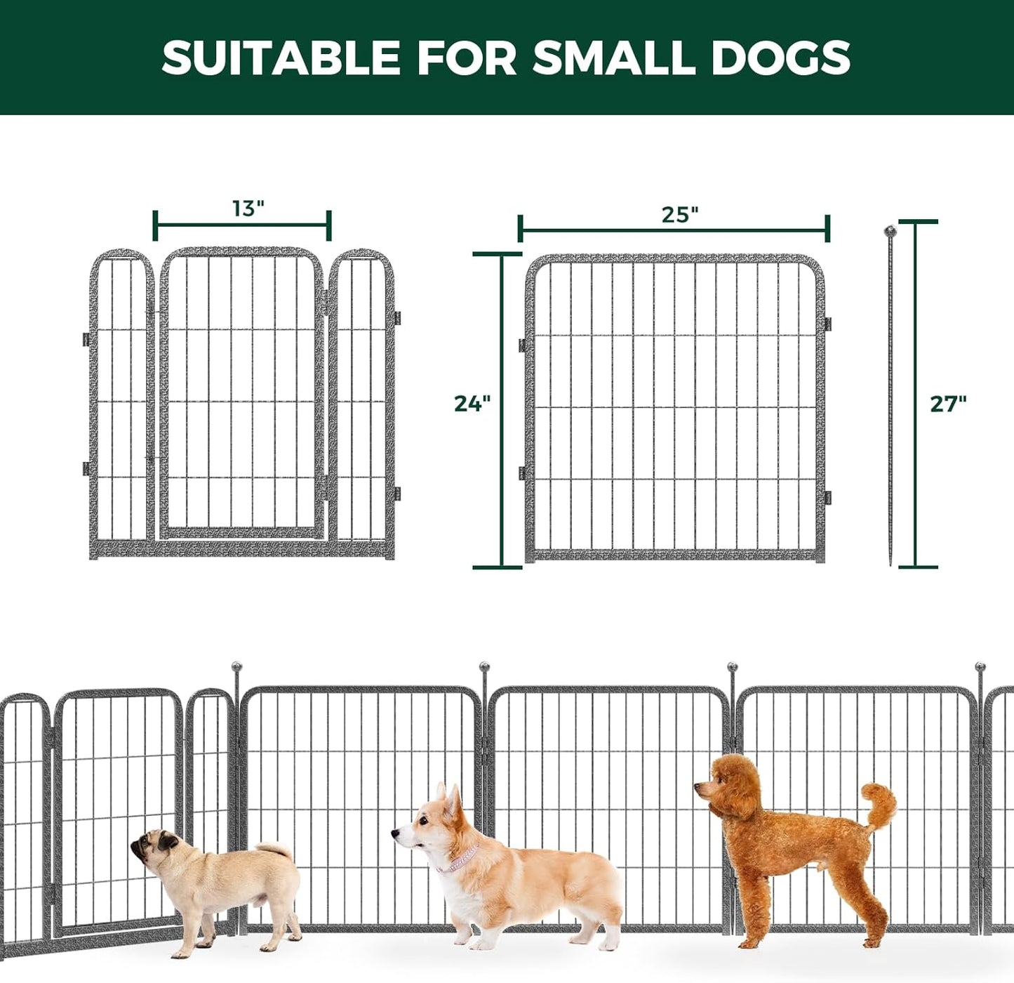 FXW Garden Fence Outdoor for The Yard – 24in(H) x 15.2ft(L) Heavy Duty Metal Animal Barrier for Dog and Rabbit, Decorative Dog Fence, 8 Panels, Silver