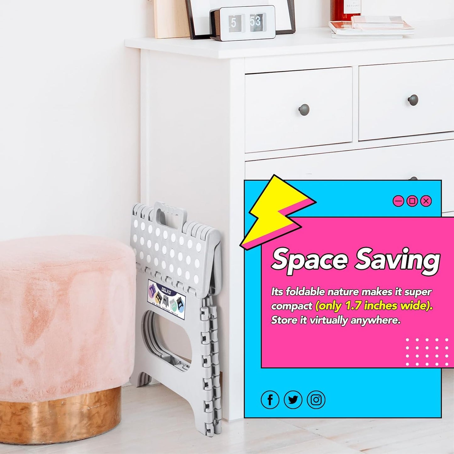 Delxo Folding Step Stool, 11 inch Non-Slip Foldable Stools for Kids & Adults Up to 300 LBS, Step Stool with Handle, Lightweight for Kitchen, Bathroom, Bedroom, Garden, Grey, 1PC