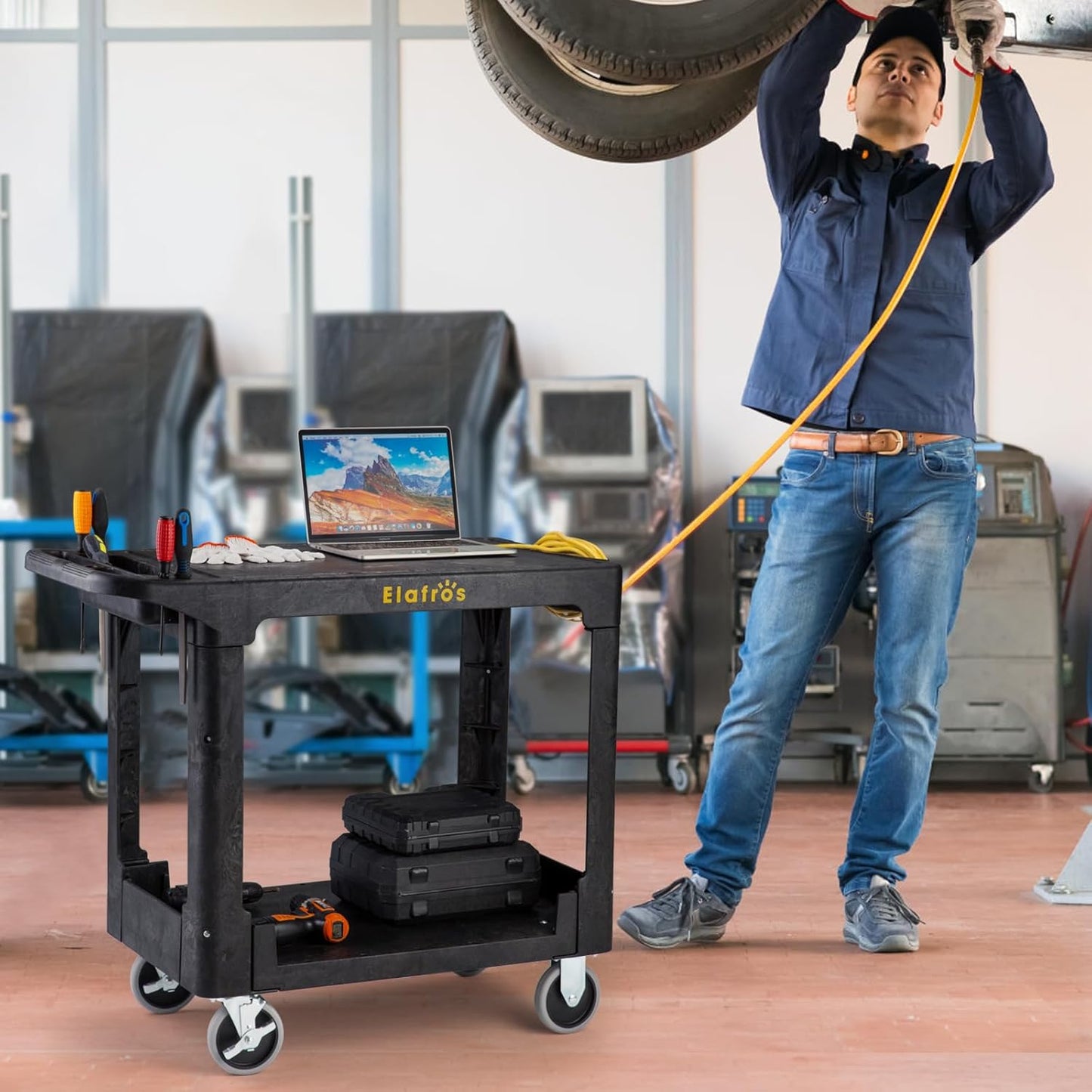 ELAFROS Heavy Duty Plastic Utility Cart Flat top 37 x 18.8 Inch - Work Cart Flat Shelves and 2 Fixed 2 Swivel Wheels Safely Holds up to 550 lbs - 2 Tier Service Cart for Warehouse,Garage, Black