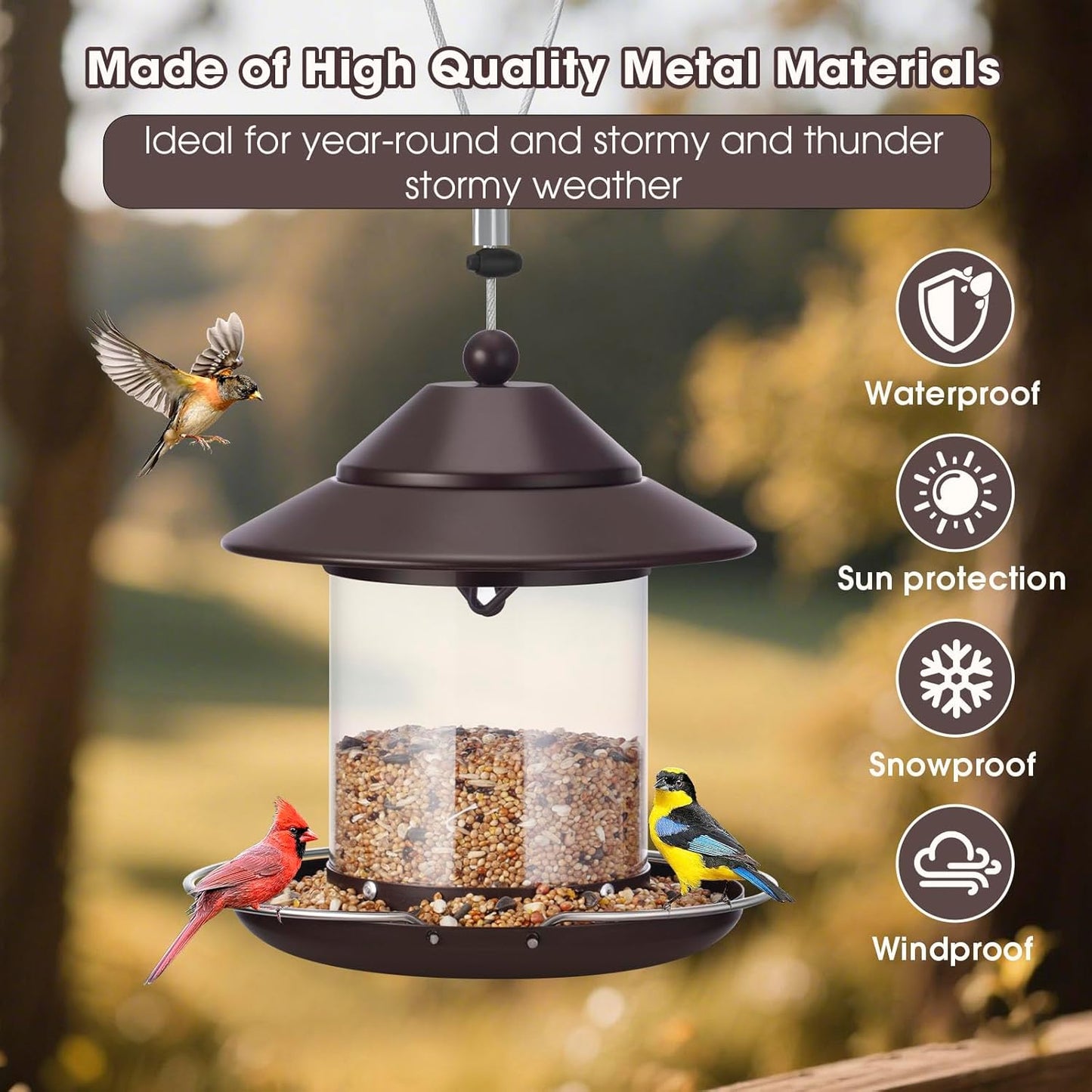 Bird Feeders for Outdoors, Hanging Metal Roof Bird Feeder with 2LB Clear Tube Seed Capacity for Viewing Cardinal Finch, Wild Birdfeeders for Outside Garden Yard Decoration