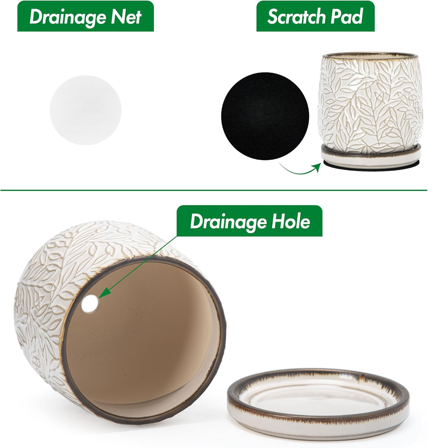 D'vine Dev 6 Inch Embossed Leaves Stoneware Planter Pot with Drainage Hole and Saucer, Smoked White, Set of 2, 27-F-X-1