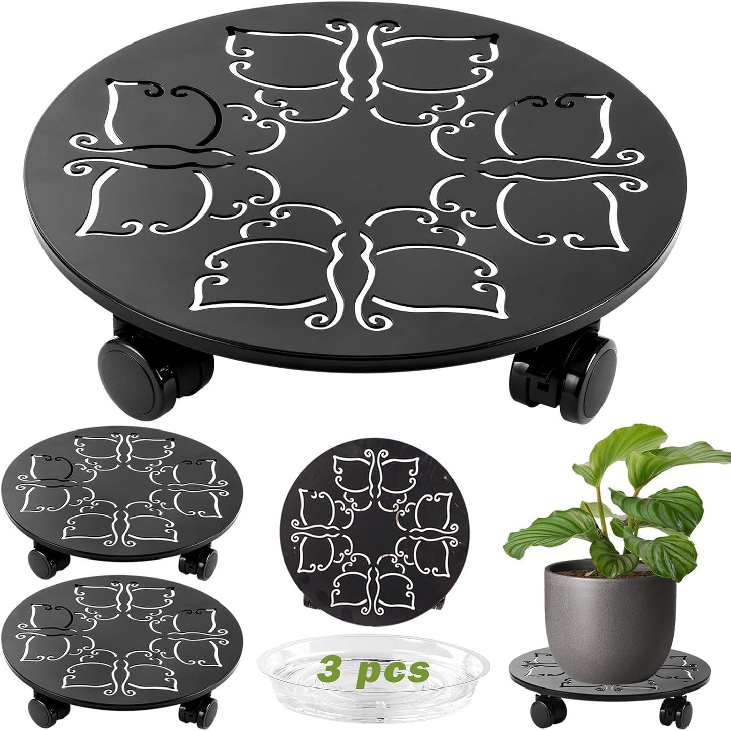 3 Packs 12 inches Large Metal Plant Caddy with Wheels Round Planter Dolly Pot Mover Rollers Wrought Iron Rolling Plant Stands Indoor Outdoor Wheeled Plant Holder Coaster Trolley, Butterfly, Black