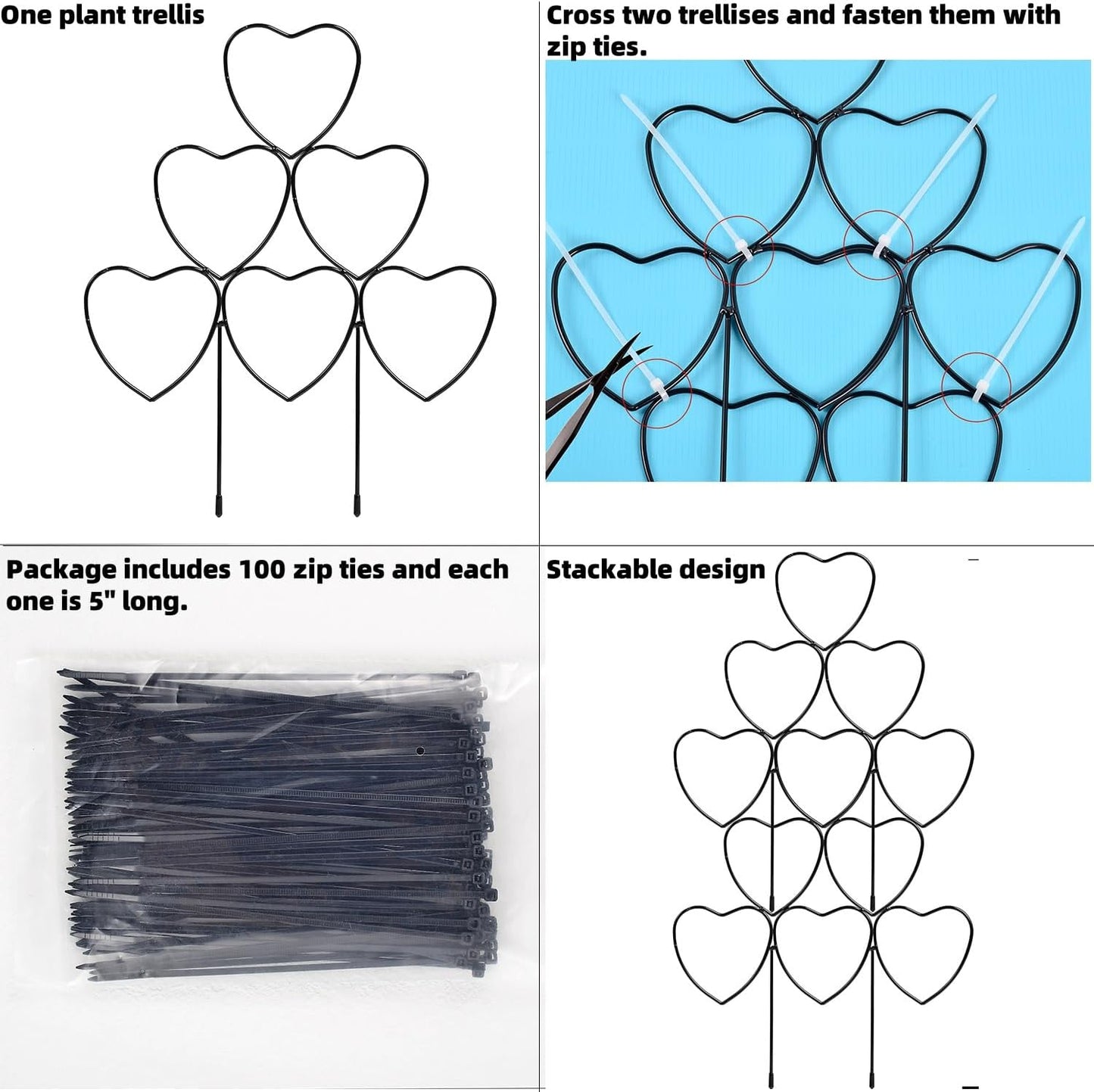 Garden Plant Trellis for Indoor Plants, Stackable Heavy Duty Metal Trellis Supports for Climbing Plants or Houseplants, 3 Pack, Black