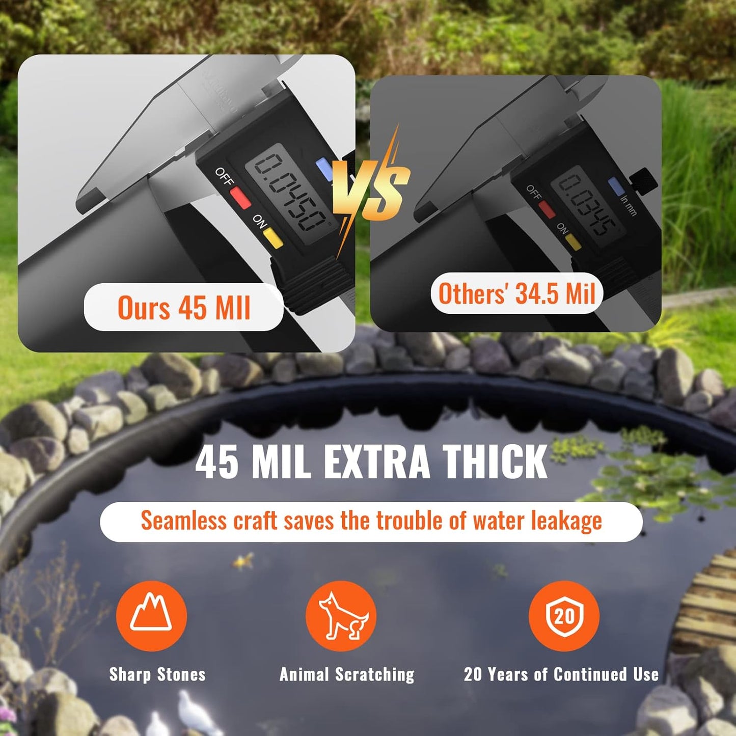 VEVOR 30 x 35 ft Pond Liner, 45 Mil Thickness, Pliable EPDM Material, Easy Cutting Underlayment for Fish or Koi, Features, Waterfall Base, Fountains, Water Gardens, Black