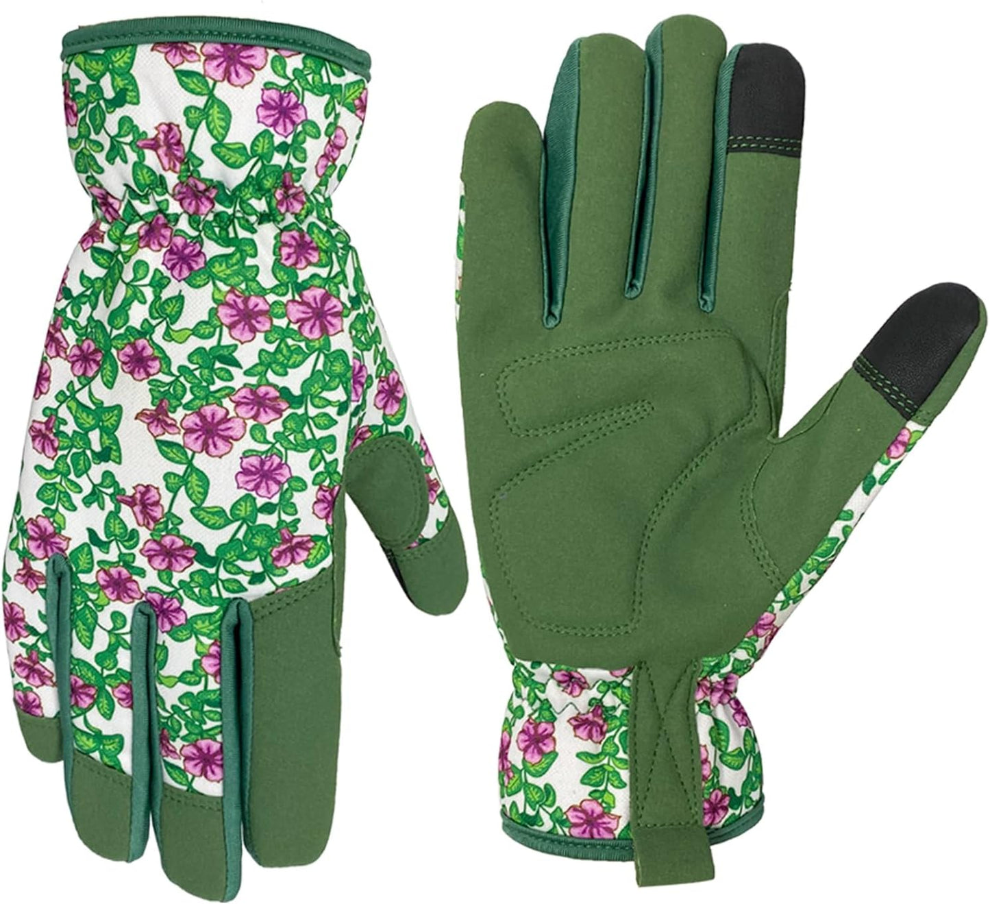 Gardening Gloves for Women, Garden Gloves with Touch Screen, Thorn Proof Puncture Resistant Working Gloves, Gardening Gifts for Women (Green with purple flowers, Medium)