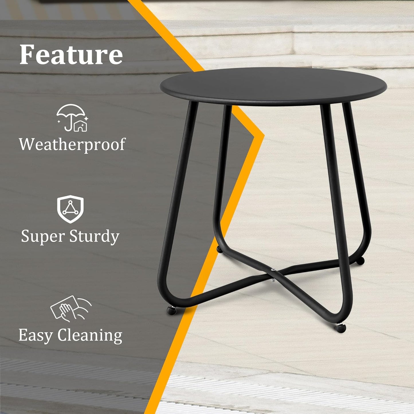 Patio Side Table Waterproof Round Metal Steel Weather Resistant Portable Outdoor and Indoor End Table for Garden Balcony Yard, Black