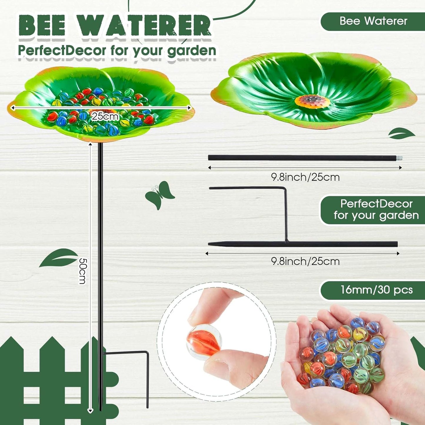Tandefio Vivid Flower Bee Watering Station Metal Butterfly Water Feeder with 30 Colorful Glass Marbles Bee Feeder Butterfly Bath Bowl for Garden Outdoor Yard Decors(Green,Flower)
