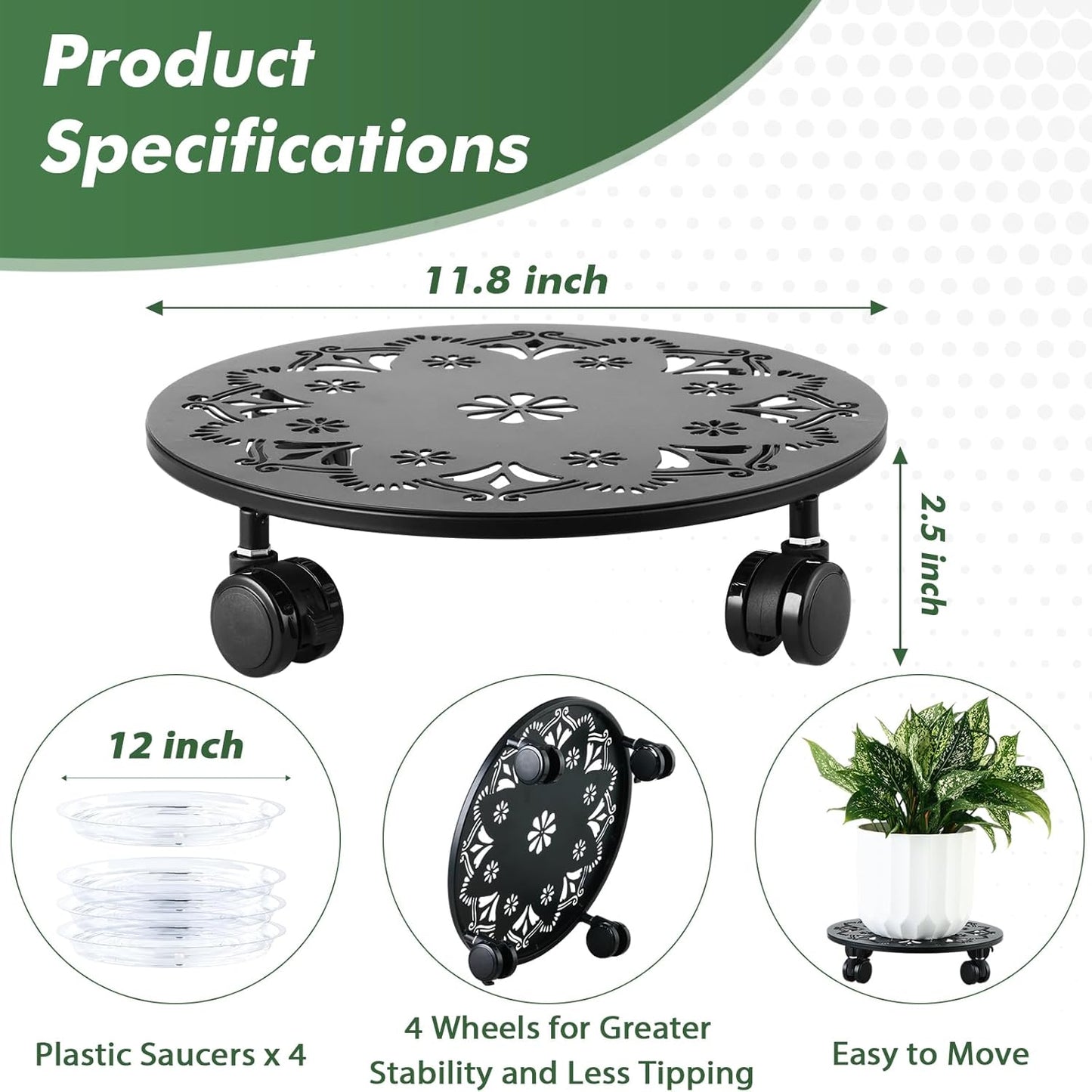 4 Pack Rolling Plant Caddy with Wheels 12 Inch, Plant Rollers with Wheels Metal Plant Caddy with Wheels Heavy Duty Plant Stand for Large Plants, Matte Black Rolling Planter Base, 4 Wheels for Planters