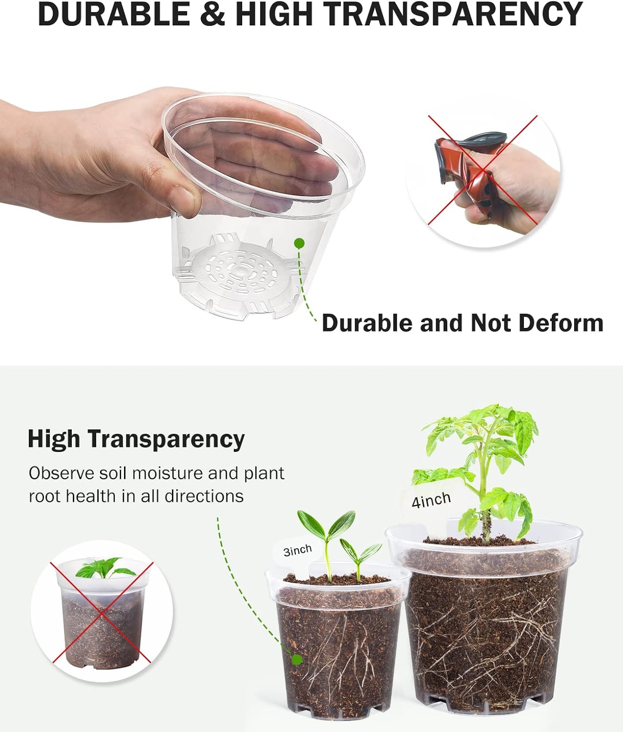 homenote Clear Nursery Pots for Plants,4 Inch Plant Pot for Planting Plastic Seedling with Drainage Holes Seed Starter Flower High Transparency with 20 Labels (60 Pack)