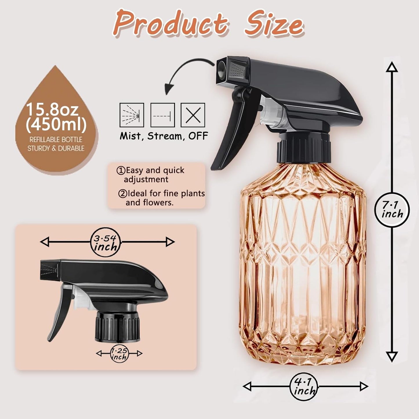 Empty Glass Spray Bottles, 15oz Refillable Water Bottle Spray, Plastic Top Pump, Reusable Adjustable Mist Sprayer Squirt, Handheld Bottles Containers Refillable for Hair, Cleaning, Gardening, Plants