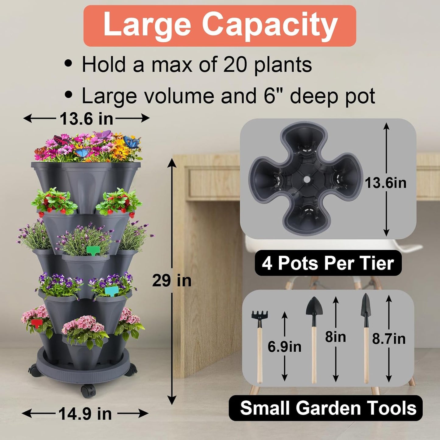 DUNCHATY Stackable Planter, Vertical Strawberry Planter with Garen Tool Set, Self Watering Garden Planter Indoor/Outdoor 5 Tier Herb Planter Pots for Growing Vegetables and Succulents, Dark Gray