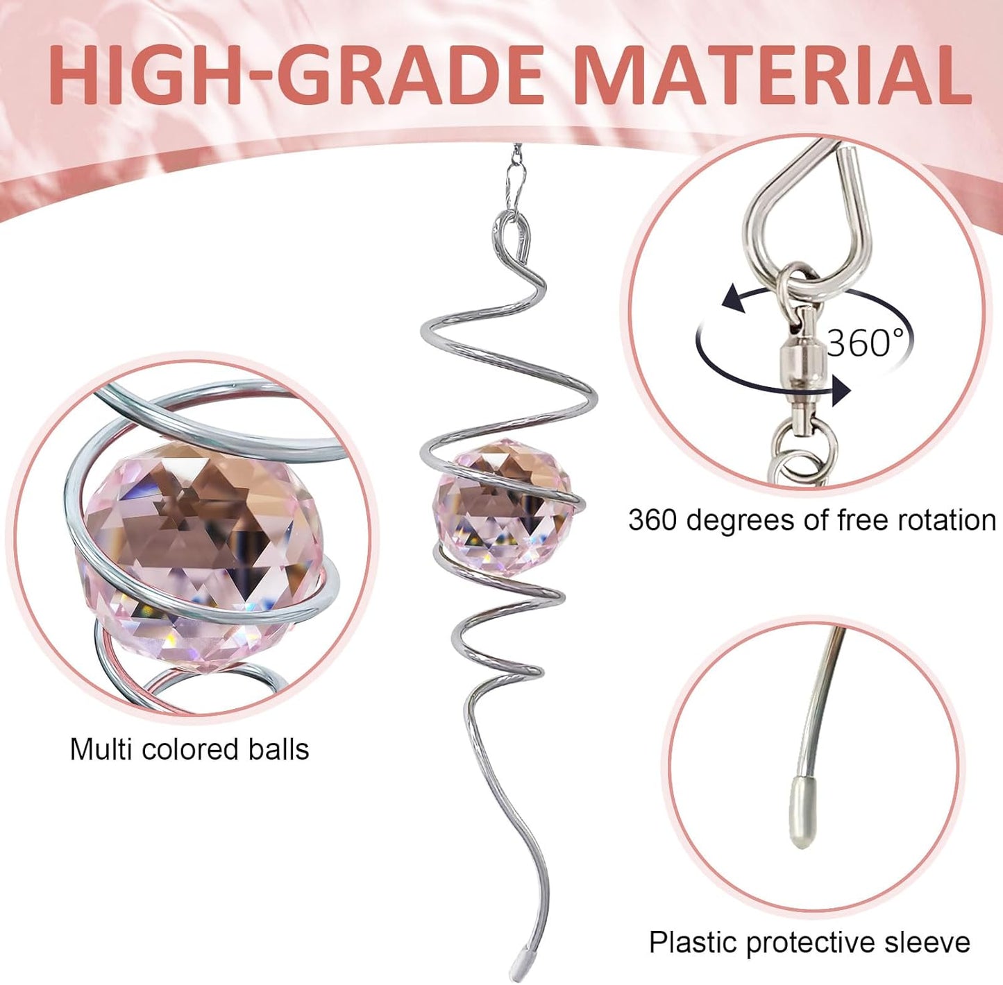 Gazing Ball Spiral Tail with Pink Crystal Orb | Sparkling Wind Spinner Stabilizer, Sun Catcher Rainbow Maker, Hanging Indoor/Outdoor Garden Decor & Gift Gift for Mom Grandma, 13" Height