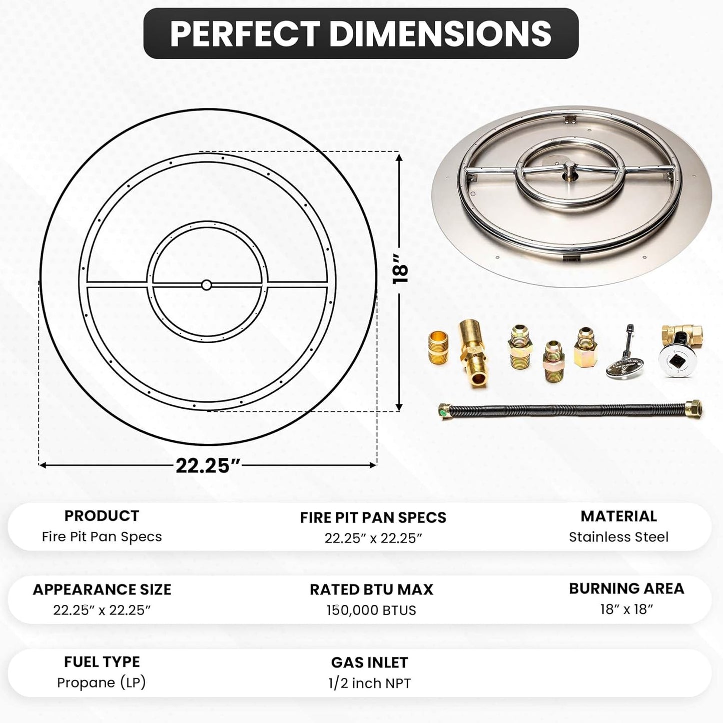 Fire Pit Burner Pan & Ring - Works with Liquid Propane - Stainless Steel Fire Pit Burner Kit 22-Inch Pan, 18-Inch Ring - 150,000 BTU Max