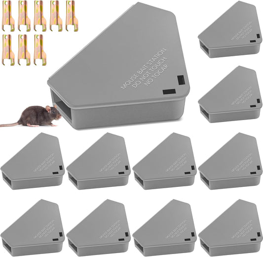 Qualirey 12 Pcs Mice Station with Key Triangle Bait Station Reusable Rodent Trap Bait Box, Keeps Children and Pets Safe Indoor & Outdoor, Bait Not Included, Suitable for Small Mice (Gray)