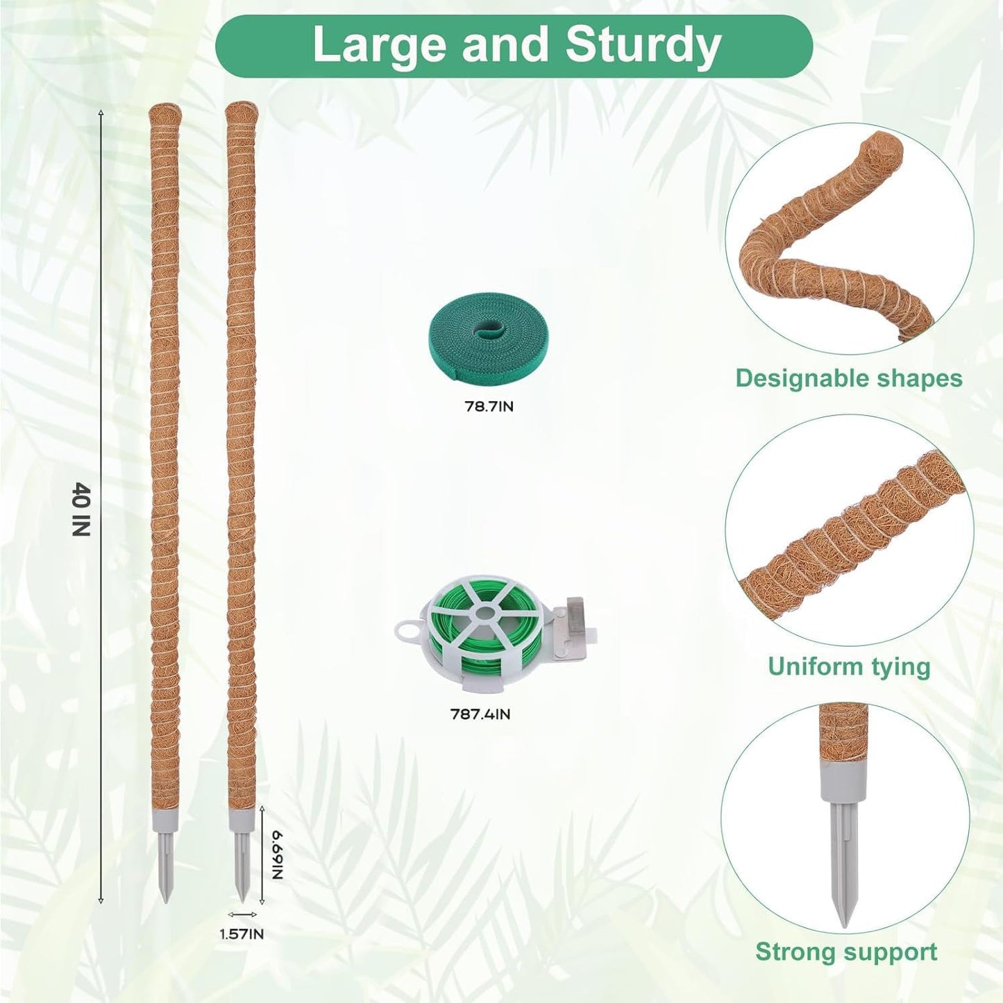 2 Pack Moss Pole, 40 Inch Monstera Plant Support, Moss Poles for Climbing Plants Indoor DIY, Coco Coir Plant Pole Moss Plant Stick Support Stake Kit for Potted Plants, Pothos, Philodendron