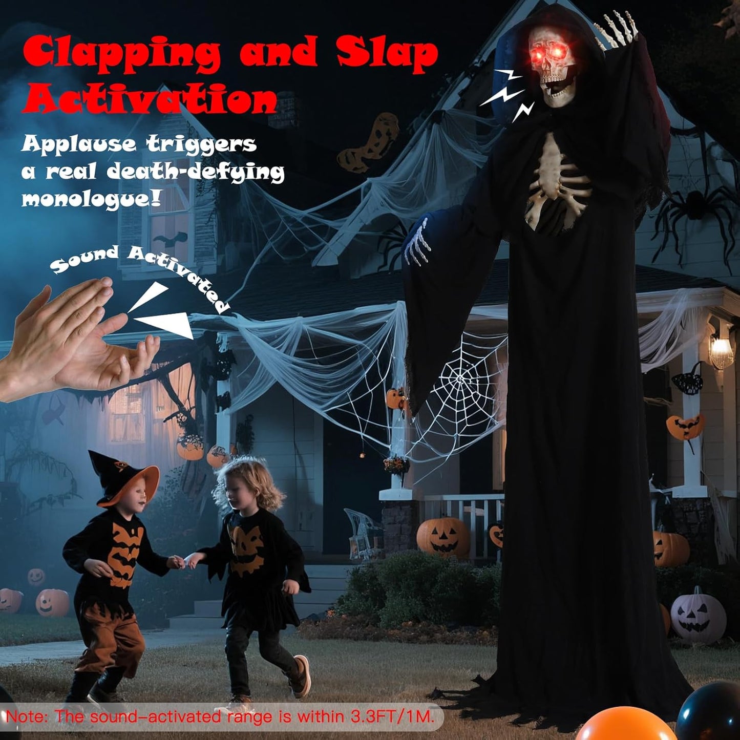 Quntis Halloween Talking Animatronics Outdoor Decoration - 7FT Tall Scary Animated Grim Reaper with Lighted Red Eyes Sound & Touch Activated - Creepy Poseable Skeleton Halloween Graveyard Decor Props