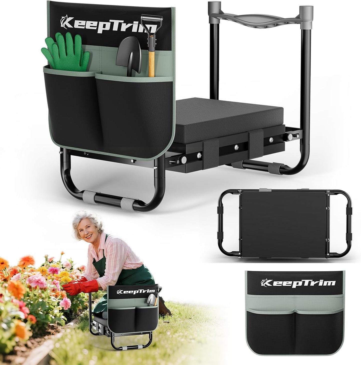 Garden Kneeler and Seat, Foldable Ergonomic Kneeling Bench with Tool Pouch 400 Lbs Heavy Duty 2-in-1 Comfortable Cushioned Kneeling Chair for Gardening Yard Work