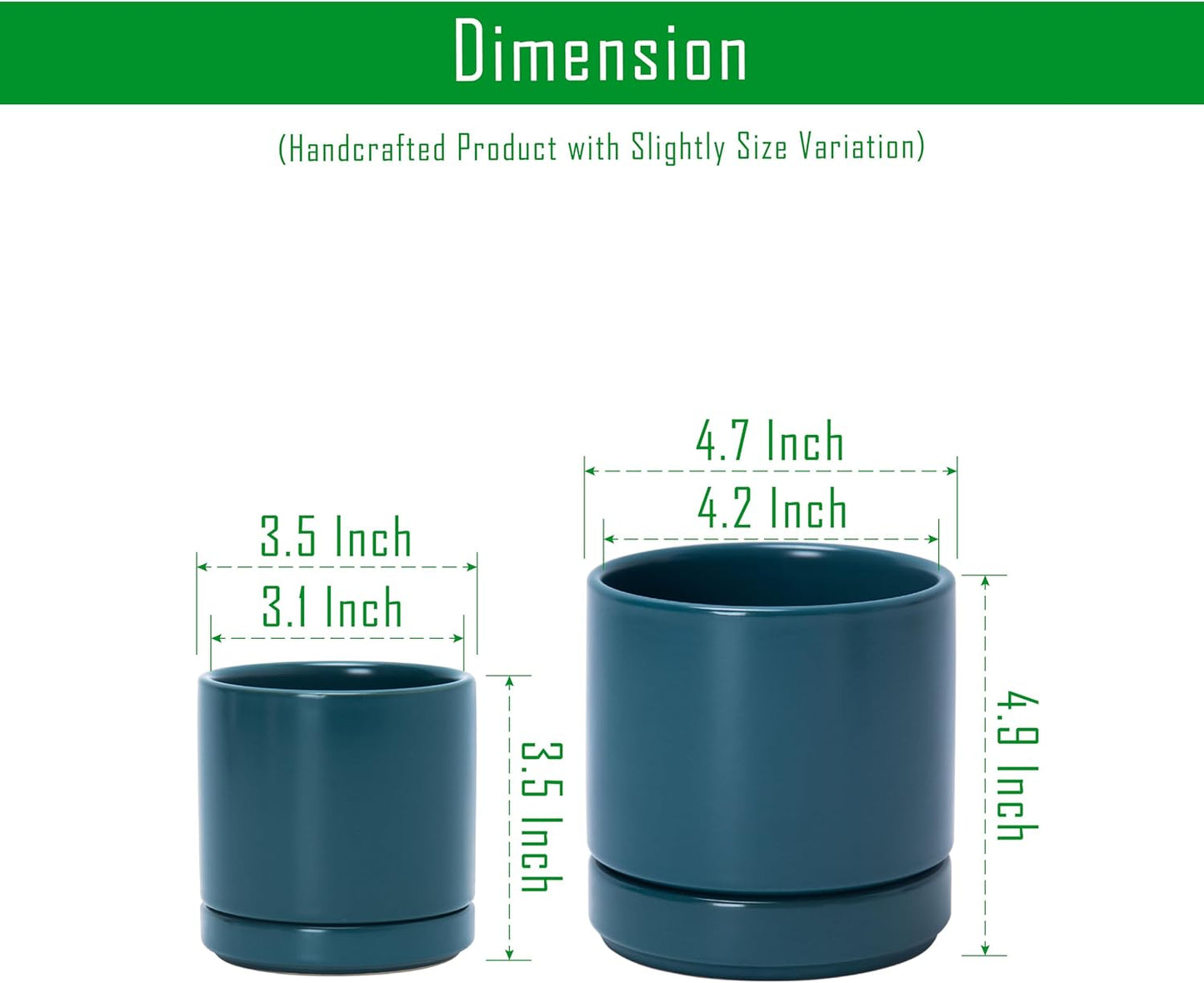 D'vine Dev 3.5 Inch & 4.7 Inch Ceramic Planter Pots for Plants with Drainage Hole and Saucer, X-Small Plant Pots Set, Teal, 94-G-XS-9