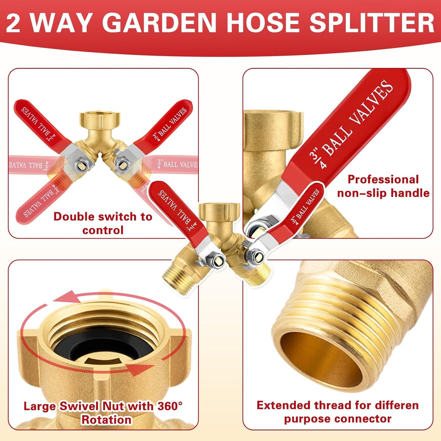 Garden Hose Splitter 2 Way, Brass Water Hose Splitter with Stainless Steel Long Handle, 3/4" GHT Thread Garden Hose Y Splitter, Full Flow Hose Splitter 2 Way Heavy Duty