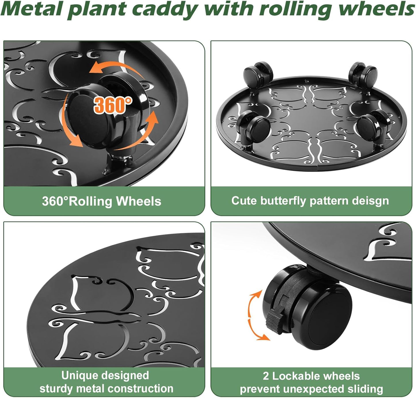 3 Packs 12 inches Large Metal Plant Caddy with Wheels Round Planter Dolly Pot Mover Rollers Wrought Iron Rolling Plant Stands Indoor Outdoor Wheeled Plant Holder Coaster Trolley, Butterfly, Black