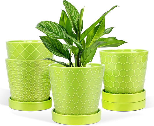 EFISPSS 5 Inch Ceramic Plant Pots Indoor, Planters with Drainage Holes and Ceramic Tray, Relief Design Flower Planter，Desktop Office Windowsill Decoration Gift Set of 4 - Green