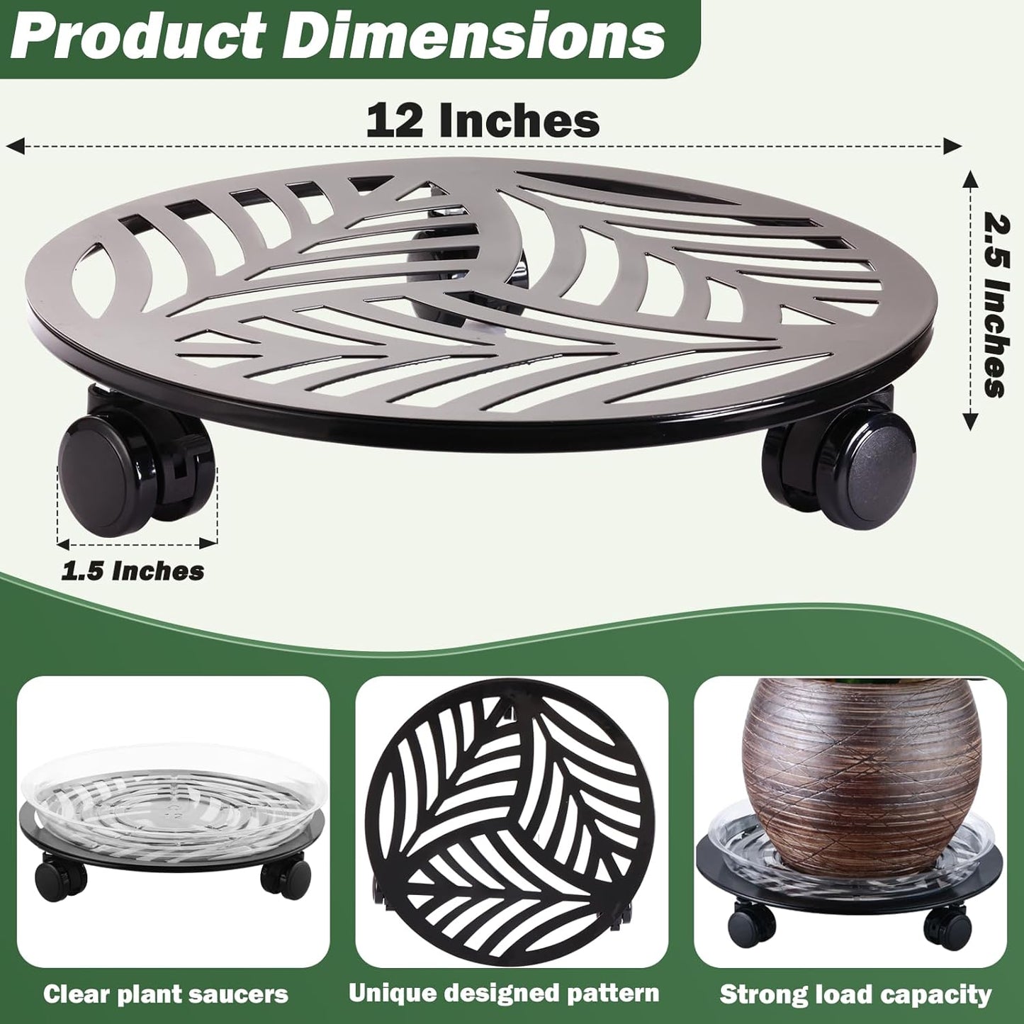 5 Packs Large Metal Plant Caddy with PU Wheels 12" Heavy-Duty Wrought Iron Rolling Plant Stands Indoor Outdoor Wheeled Plant Dolly Planter Mover Rollers Plant, Leaf Style