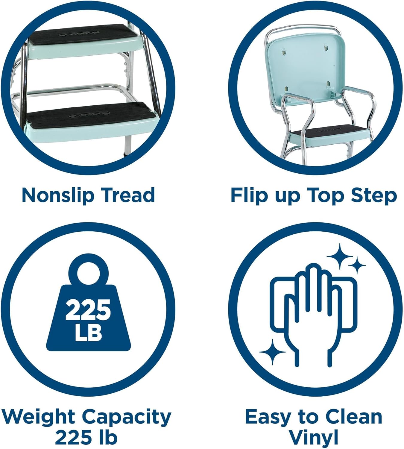COSCO Stylaire Retro Chair + Step Stool with Flip-Up Seat, Teal