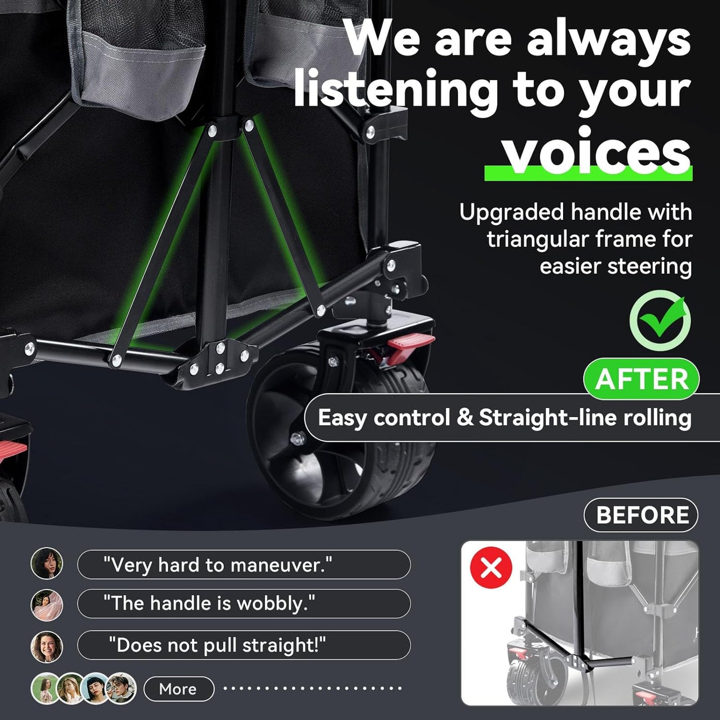 Hikenture Collapsible Wagon Cart, 330lbs Capacity Beach Wagons with Big Wheels for Sand, Heavy Duty Foldable Cart with Brakes, Portable Utility Folding Garden Cart for Outdoor