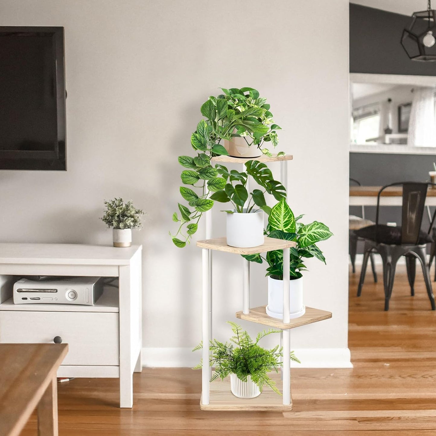 4 Tier Indoor Plant Stand Flower Shelf for Multiple Plants Corner, Tall Flower Holders for Patio Garden Living Room Balcony Bedroom(White Oak)