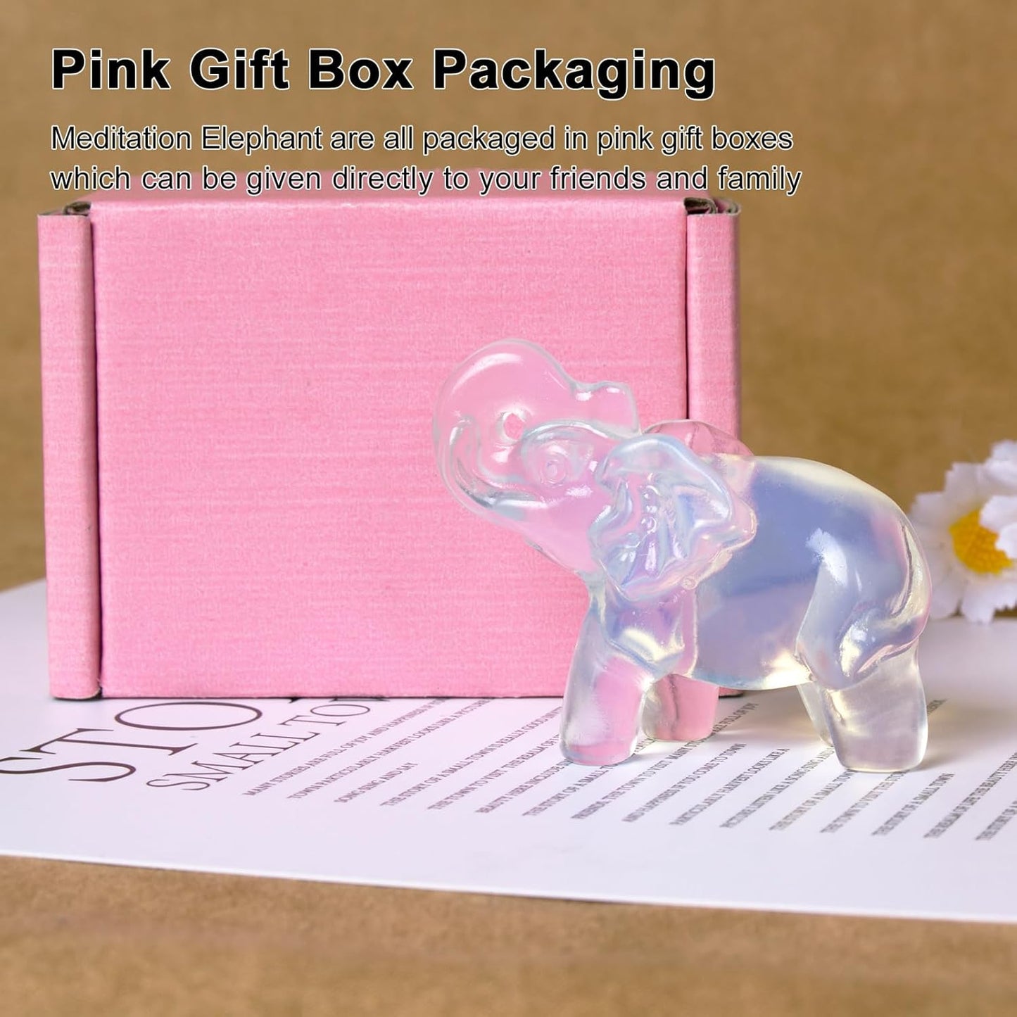 2 Inch White Opalite Crystal Elephant Sculpture Handcrafted Healing Stone Animal Figurine Spiritual Home Decor Lucky Charm Gift for Wealth Success Positive Energy and Meditation Lovers