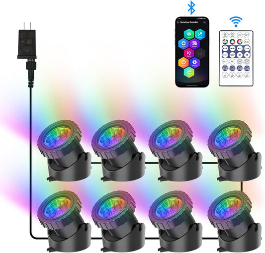 RGB Underwater Pond Lights, Super Bright LED Submersible Fountain Lights Colored Landscape Spotlights, Bluetooth APP Control IP68 Waterproof for Fish Aquarium Tank Yard Garden Pool (Set of 8)