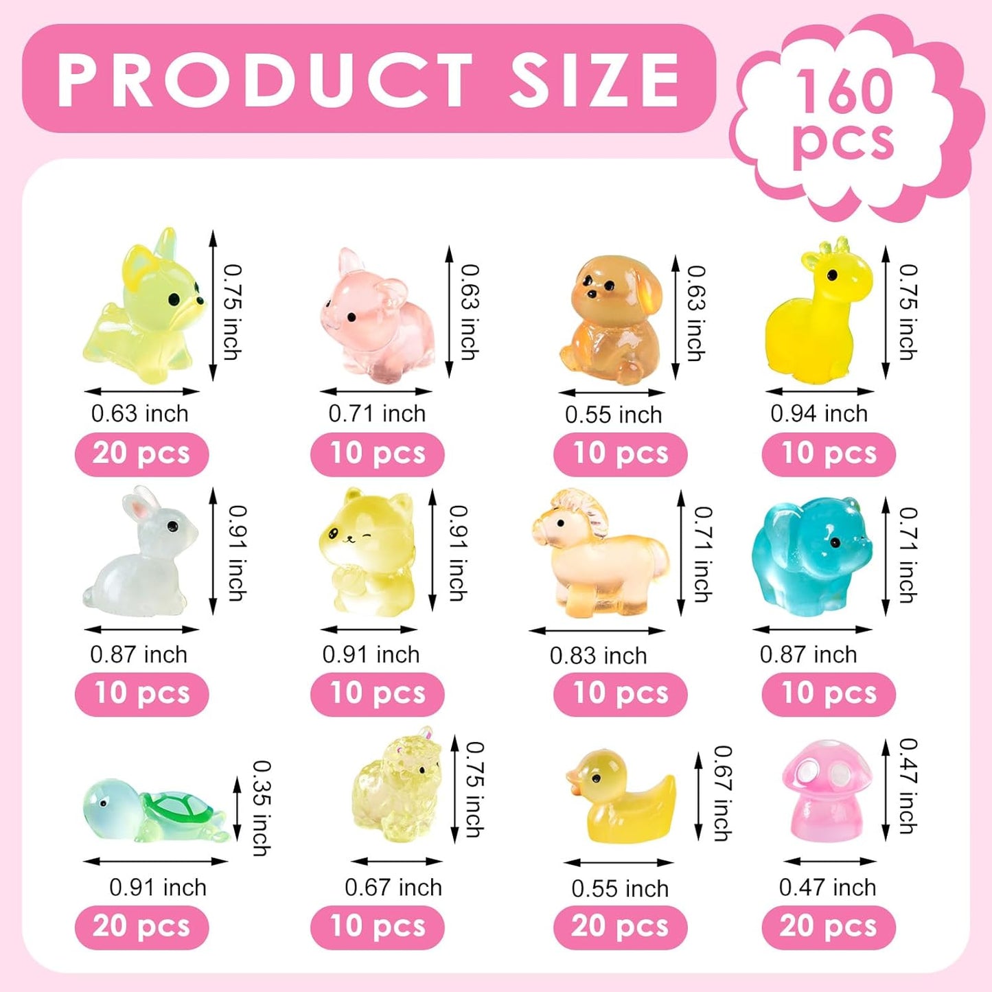 160pcs Luminous Mini Resin Animals Figurines Mini Ducks Dogs Squirrels Giraffes Rabbits Tiny Elephants Miniature Figurines Glow in The Dark Garden Miniatures Fairy Garden Accessories